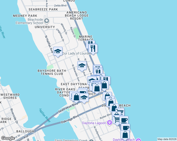 map of restaurants, bars, coffee shops, grocery stores, and more near 818 North Grandview Avenue in Daytona Beach