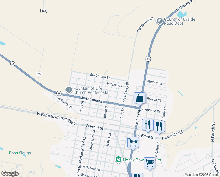 map of restaurants, bars, coffee shops, grocery stores, and more near 140 Vanham Street in Uvalde