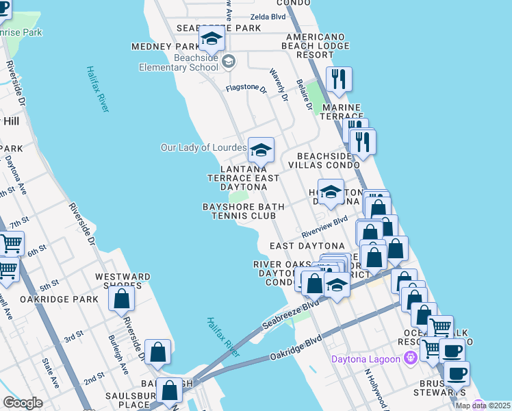 map of restaurants, bars, coffee shops, grocery stores, and more near 925 North Halifax Avenue in Daytona Beach