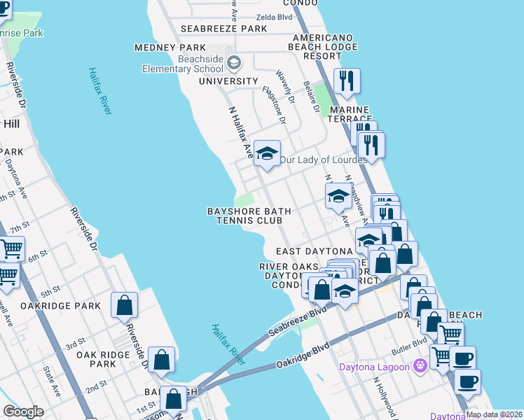 map of restaurants, bars, coffee shops, grocery stores, and more near 926 North Halifax Avenue in Daytona Beach