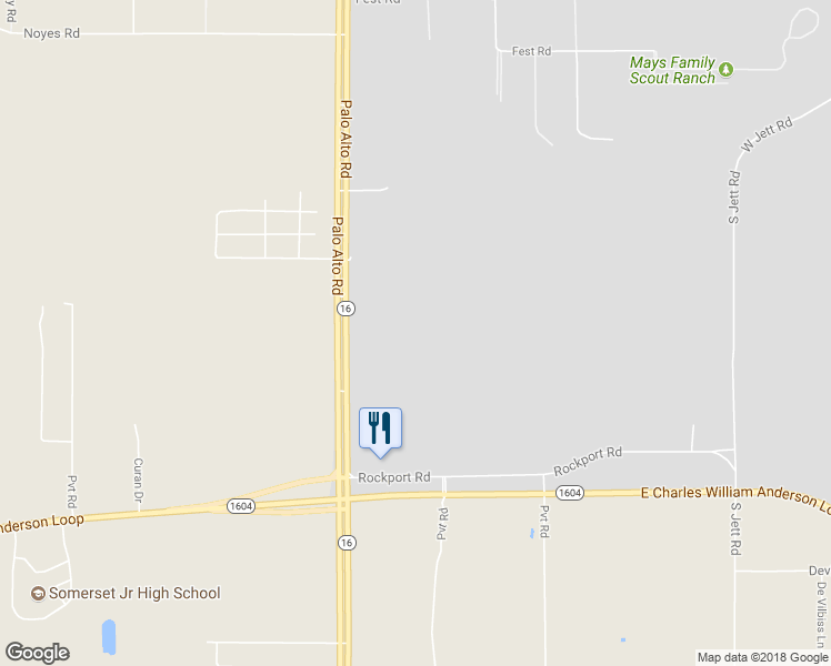 map of restaurants, bars, coffee shops, grocery stores, and more near 18840 Highway 16 in San Antonio