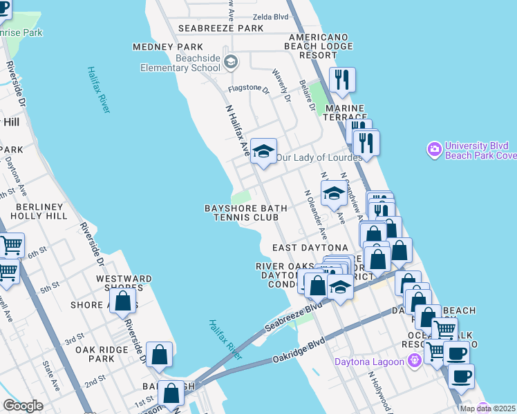 map of restaurants, bars, coffee shops, grocery stores, and more near 926 North Halifax Avenue in Daytona Beach