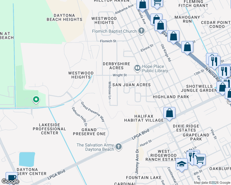 map of restaurants, bars, coffee shops, grocery stores, and more near 1445 Wildrose Lane in Daytona Beach