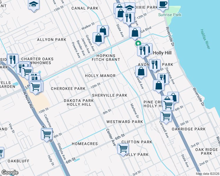 map of restaurants, bars, coffee shops, grocery stores, and more near 923 Jasmine Avenue in Holly Hill