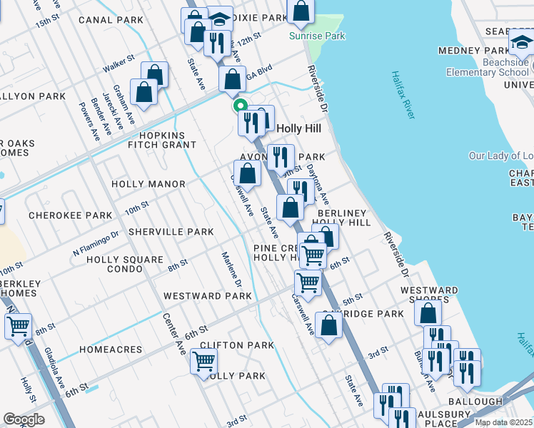 map of restaurants, bars, coffee shops, grocery stores, and more near 810 Ridgewood Avenue in Holly Hill