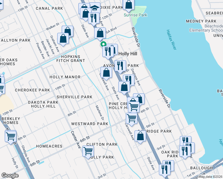 map of restaurants, bars, coffee shops, grocery stores, and more near 831 Carswell Avenue in Holly Hill