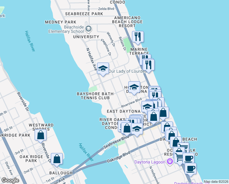 map of restaurants, bars, coffee shops, grocery stores, and more near 915 North Peninsula Drive in Daytona Beach