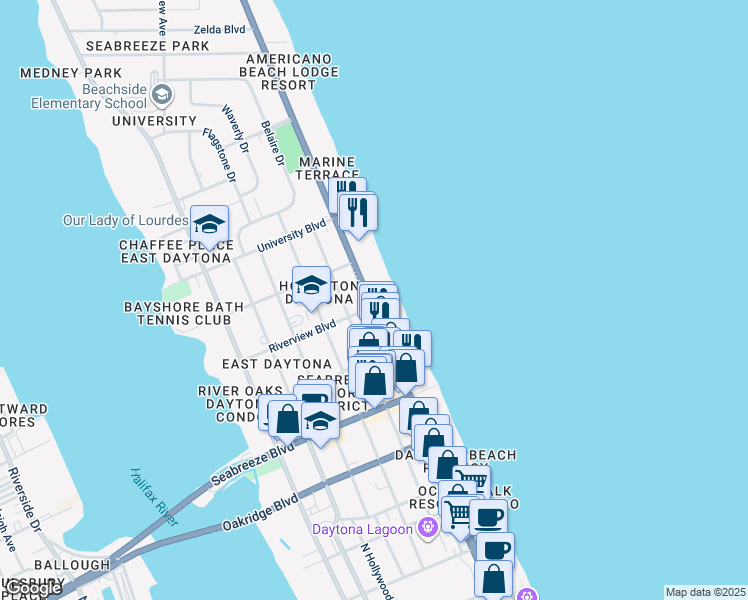 map of restaurants, bars, coffee shops, grocery stores, and more near 800 North Atlantic Avenue in Daytona Beach