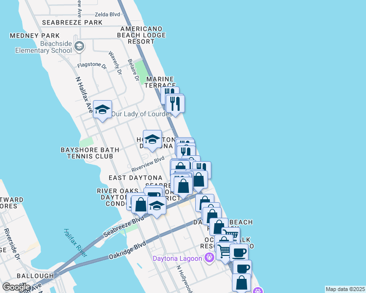 map of restaurants, bars, coffee shops, grocery stores, and more near 800 North Atlantic Avenue in Daytona Beach