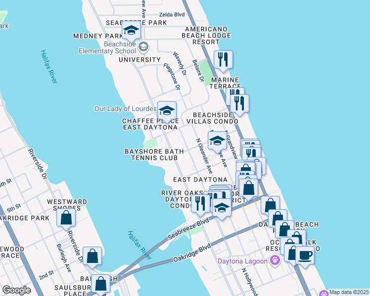 map of restaurants, bars, coffee shops, grocery stores, and more near 915 North Peninsula Drive in Daytona Beach