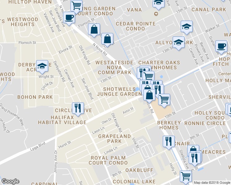 map of restaurants, bars, coffee shops, grocery stores, and more near 1156 Woodside Drive in Daytona Beach