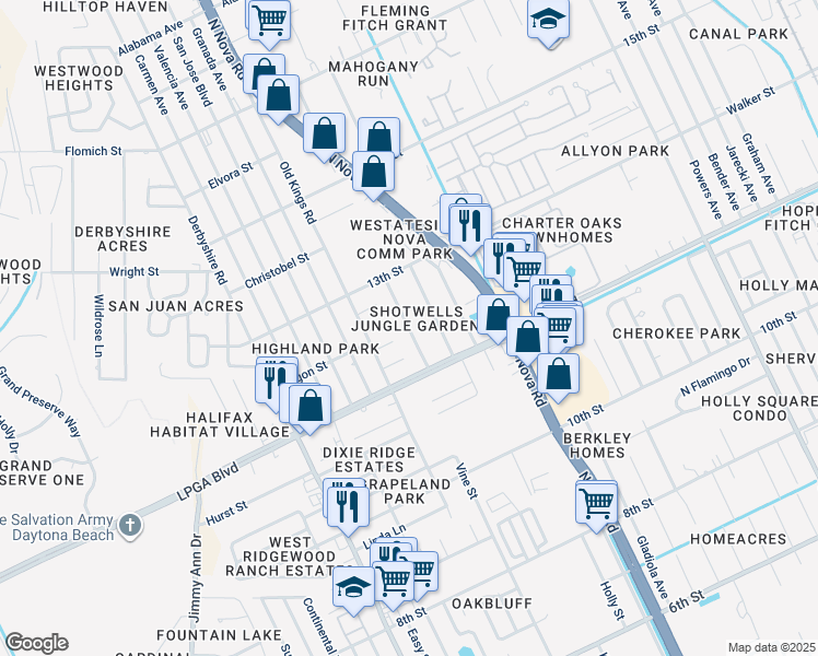 map of restaurants, bars, coffee shops, grocery stores, and more near Woodside Drive in Daytona Beach