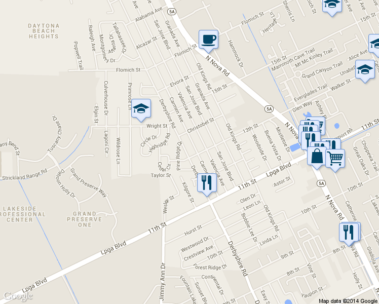 map of restaurants, bars, coffee shops, grocery stores, and more near 1307 Derbyshire Road in Daytona Beach