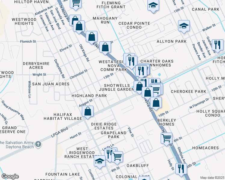 map of restaurants, bars, coffee shops, grocery stores, and more near 1134 Woodside Drive in Daytona Beach