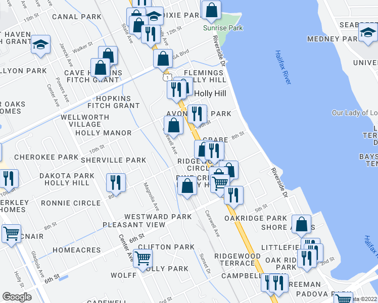 map of restaurants, bars, coffee shops, grocery stores, and more near 811 State Avenue in Holly Hill