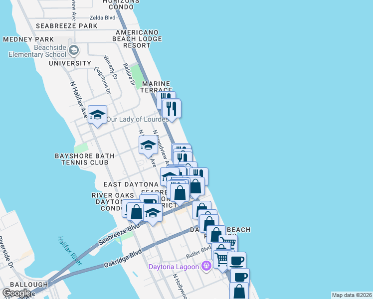 map of restaurants, bars, coffee shops, grocery stores, and more near 800 North Atlantic Avenue in Daytona Beach