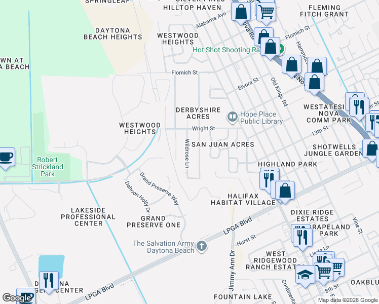map of restaurants, bars, coffee shops, grocery stores, and more near 1445 Wildrose Lane in Daytona Beach