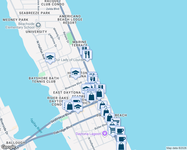 map of restaurants, bars, coffee shops, grocery stores, and more near 800 North Atlantic Avenue in Daytona Beach