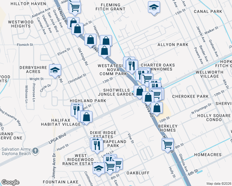 map of restaurants, bars, coffee shops, grocery stores, and more near 1131 Woodside Drive in Daytona Beach