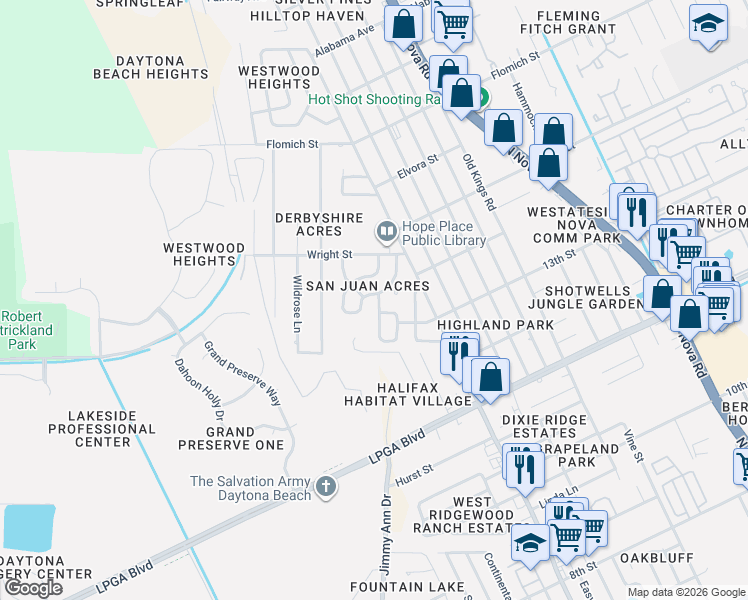 map of restaurants, bars, coffee shops, grocery stores, and more near 53 Highridge Road in Daytona Beach