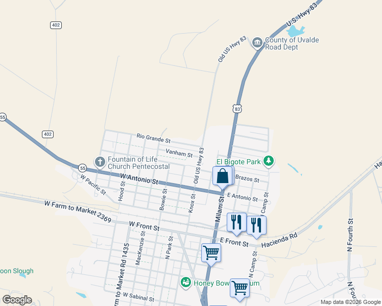 map of restaurants, bars, coffee shops, grocery stores, and more near 112 Vanham Street in Uvalde