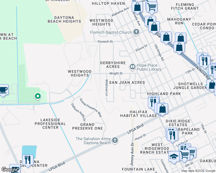 map of restaurants, bars, coffee shops, grocery stores, and more near 1445 Wildrose Lane in Daytona Beach