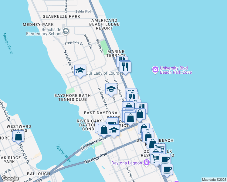map of restaurants, bars, coffee shops, grocery stores, and more near 826 North Wild Olive Avenue in Daytona Beach