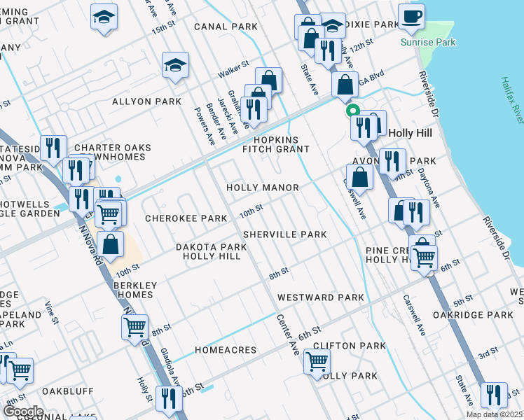 map of restaurants, bars, coffee shops, grocery stores, and more near 537 10th Street in Daytona Beach