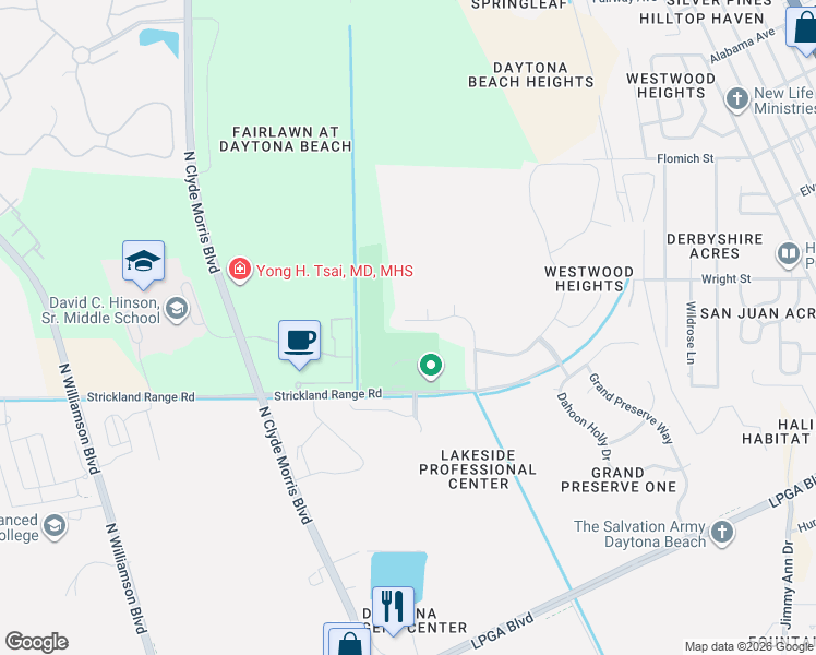 map of restaurants, bars, coffee shops, grocery stores, and more near 192 Tuscany Bend Street in Daytona Beach