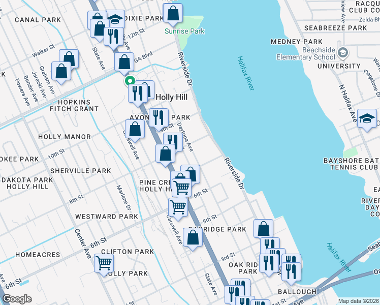 map of restaurants, bars, coffee shops, grocery stores, and more near 734 Daytona Avenue in Daytona Beach
