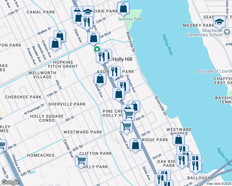 map of restaurants, bars, coffee shops, grocery stores, and more near 810 Ridgewood Avenue in Daytona Beach