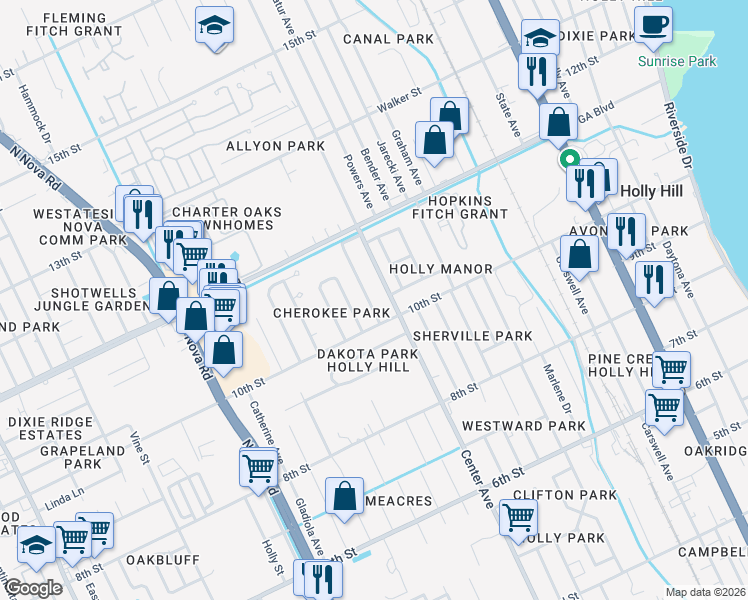map of restaurants, bars, coffee shops, grocery stores, and more near 1009 Cherokee Ranch Rd in Daytona Beach
