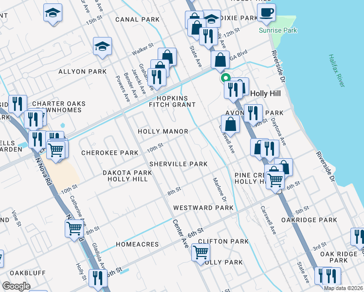 map of restaurants, bars, coffee shops, grocery stores, and more near 923 Jasmine Ave in Holly Hill