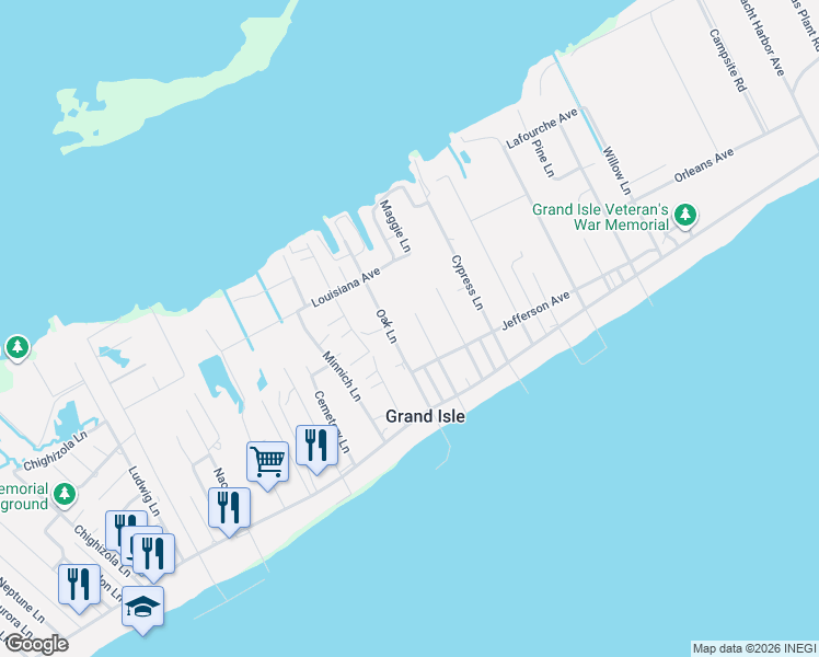 map of restaurants, bars, coffee shops, grocery stores, and more near 162 Elm Lane in Grand Isle