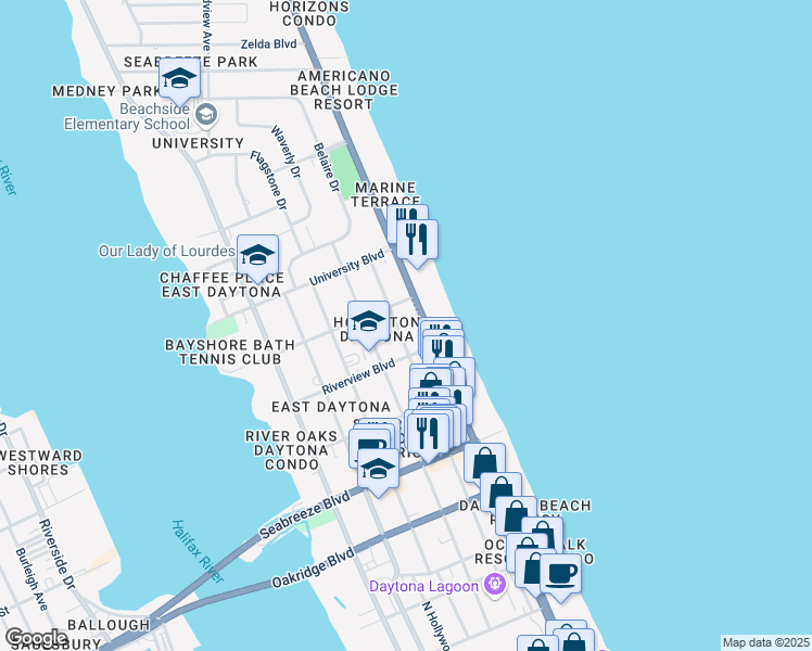 map of restaurants, bars, coffee shops, grocery stores, and more near 818 North Grandview Avenue in Daytona Beach