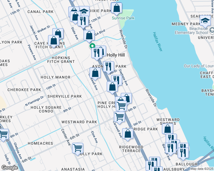 map of restaurants, bars, coffee shops, grocery stores, and more near 810 Ridgewood Avenue in Holly Hill