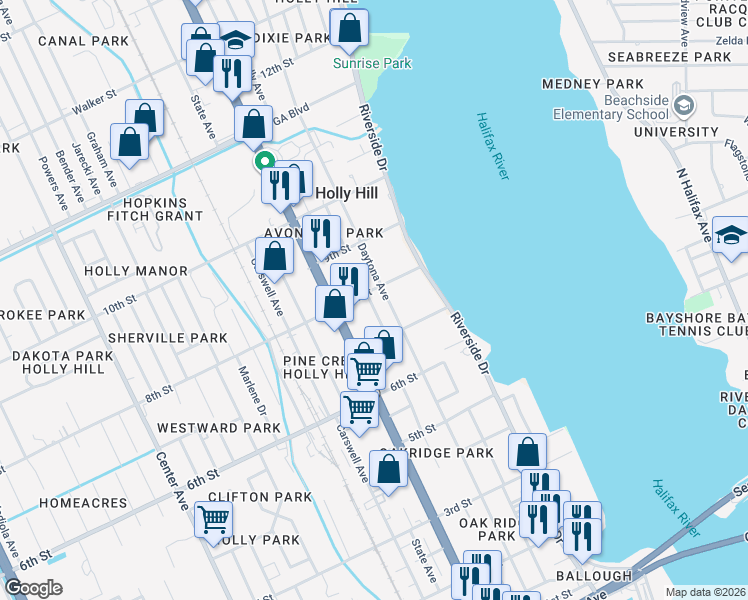 map of restaurants, bars, coffee shops, grocery stores, and more near 734 Daytona Avenue in Daytona Beach