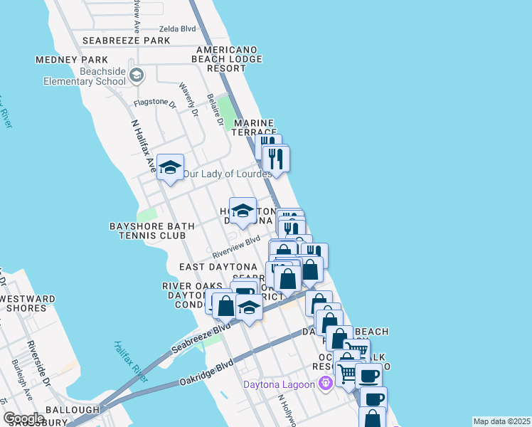 map of restaurants, bars, coffee shops, grocery stores, and more near 818 North Grandview Avenue in Daytona Beach
