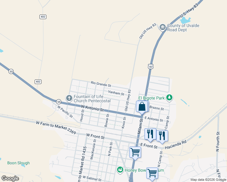 map of restaurants, bars, coffee shops, grocery stores, and more near 140 Vanham Street in Uvalde