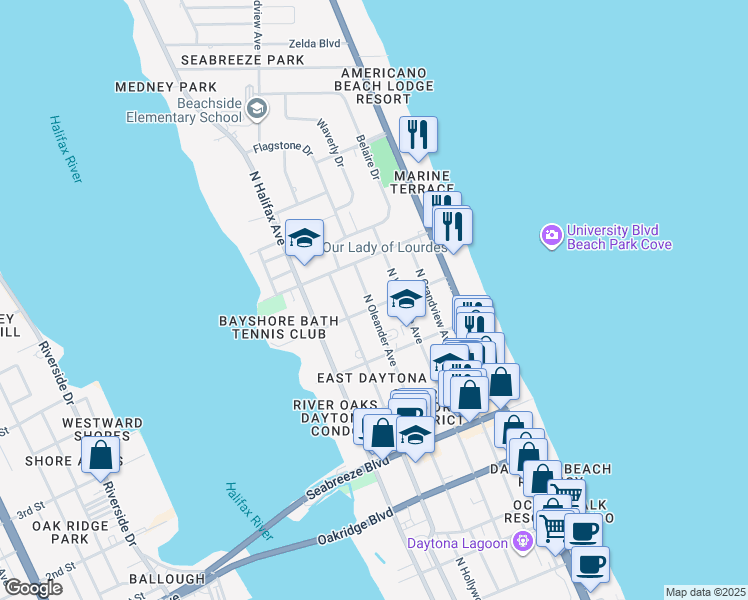 map of restaurants, bars, coffee shops, grocery stores, and more near 900 North Oleander Avenue in Daytona Beach