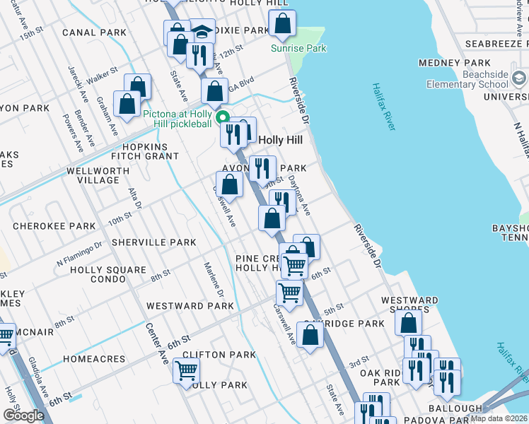 map of restaurants, bars, coffee shops, grocery stores, and more near 810 Ridgewood Avenue in Daytona Beach