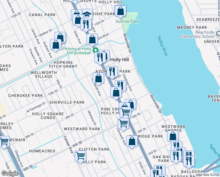 map of restaurants, bars, coffee shops, grocery stores, and more near 810 Ridgewood Avenue in Holly Hill