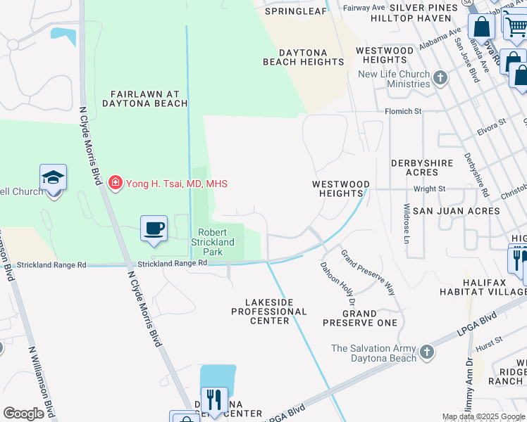 map of restaurants, bars, coffee shops, grocery stores, and more near 153 Tuscany Bend Street in Daytona Beach