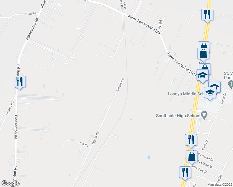 map of restaurants, bars, coffee shops, grocery stores, and more near 18600 Tejeda Road in San Antonio