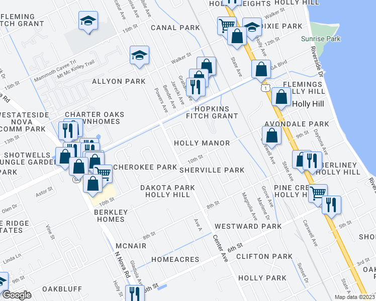 map of restaurants, bars, coffee shops, grocery stores, and more near 559 Martha Drive in Daytona Beach