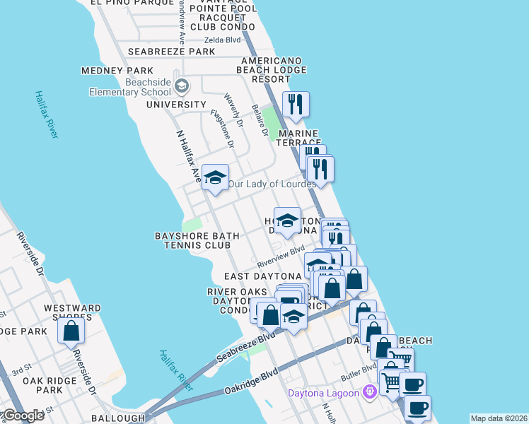 map of restaurants, bars, coffee shops, grocery stores, and more near 900 North Oleander Avenue in Daytona Beach