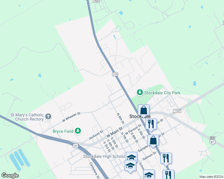 map of restaurants, bars, coffee shops, grocery stores, and more near 403 Free Timber Lane in Stockdale