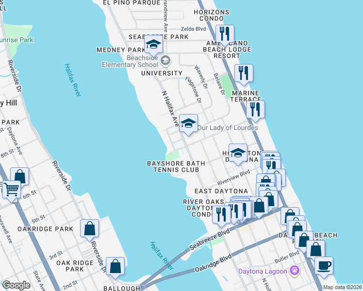 map of restaurants, bars, coffee shops, grocery stores, and more near 201 University Boulevard in Daytona Beach