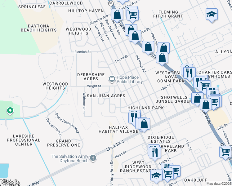 map of restaurants, bars, coffee shops, grocery stores, and more near 1485 Derbyshire Road in Daytona Beach