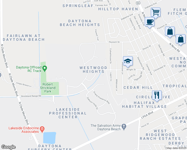 map of restaurants, bars, coffee shops, grocery stores, and more near 157 Campanello Court in Daytona Beach